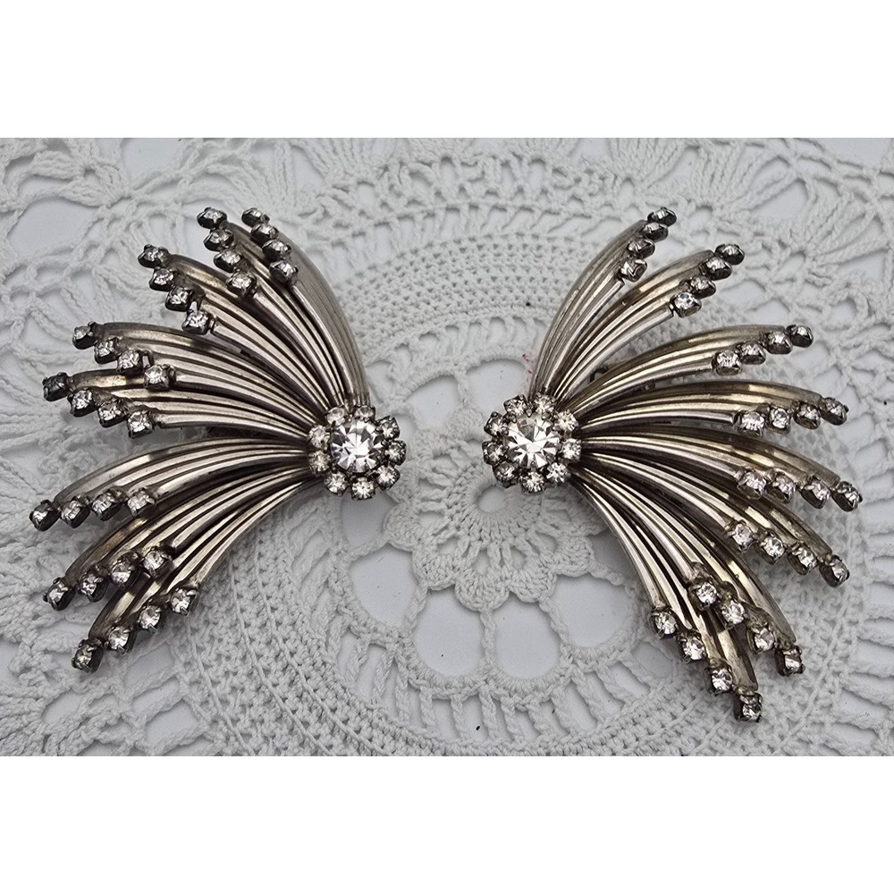 Vintage Rhinestone Starburst Earrings Clip On Silver tone Atomic Burst Large